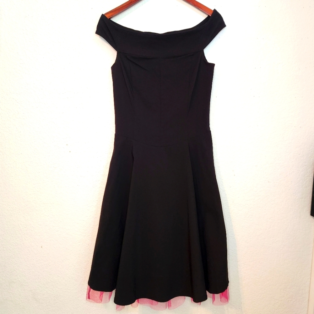 Le Chateau Elegant Off-Shoulder Black Dress with Pink Tulle Trim, Size L